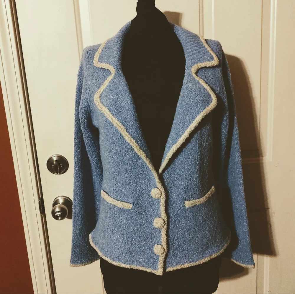 🔹🪻🔹Divine Vtg French Blue Periwinkle & Cream Plush Boucle Sweater Blazer - M - Picture 1 of 14